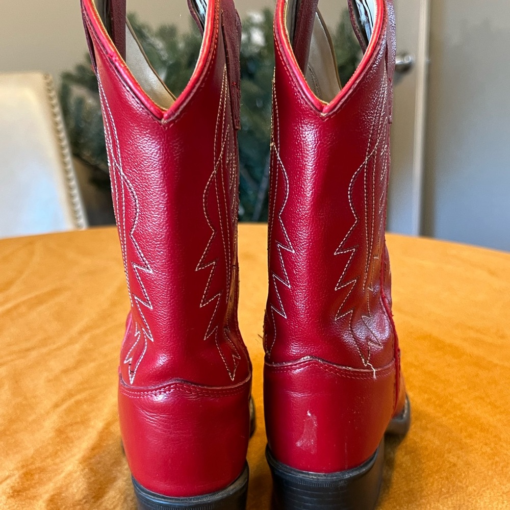 Old West Red Leather Cowboy Boots White Stitching Kids Size 1D - Picture 3 of 9
